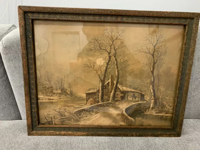 Antique Late 19th / Early 20th Century Print or Painting of Snowy Landscape