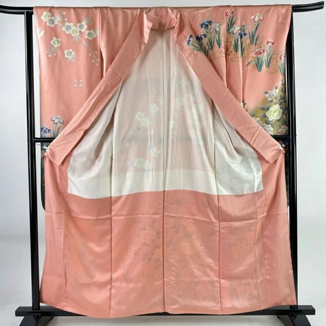 Japanese Kimono Furisode Pure Silk Moutan Calamus Embroidery Peach Colored 3