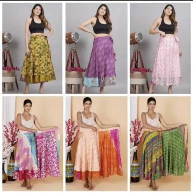 15 PC Vintage Seide Sari Magic Wrap Around Rüschenrock Kleid Großhandel Lot...