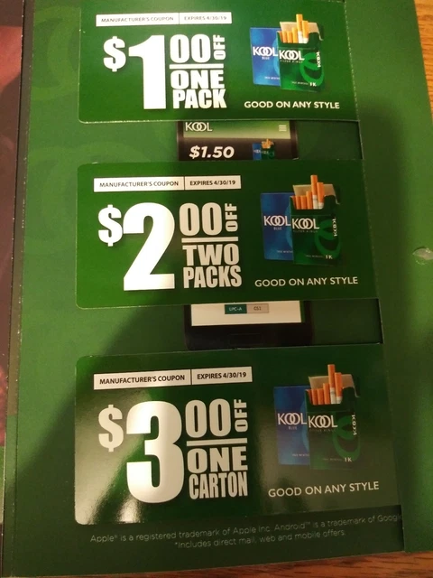kool cigarette coupons KOOL CIGARETTE COUPONS: $1 off 1 pack, $2 off 2 packs, $3 off carton Exp  4-2019 $2.00