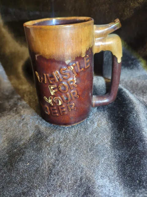 Vintage Wet Your Whistle for Your Beer Mug Cup Redware Brown Drip Glaze