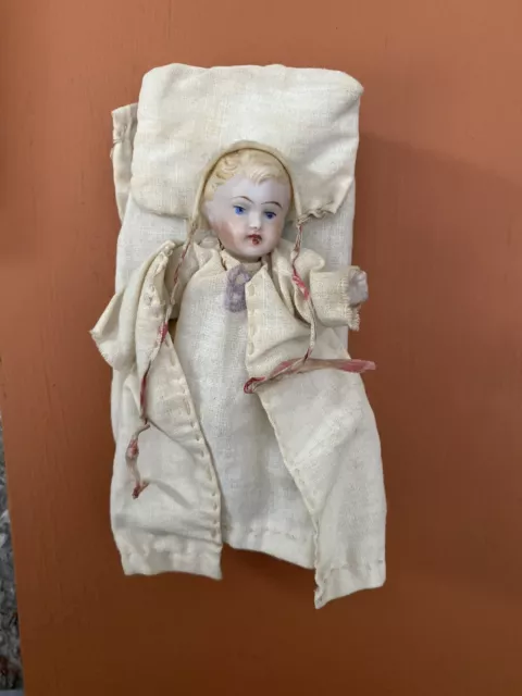 Vintage Porcelain Bisque Wire Jointed Baby Doll Dollhouse Blonde Blue Eyes 3.63"