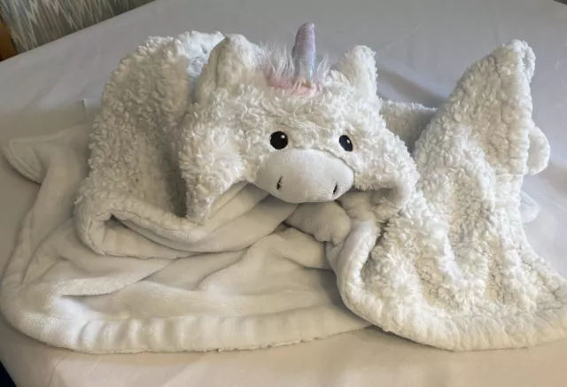 Little Miracles Hooded Blanket Unicorn White Plush Blanket Mane 36"X30"