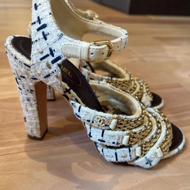 CHANEL Tweed Chain Heel Sandals EU 37 1/2 Used From Japan