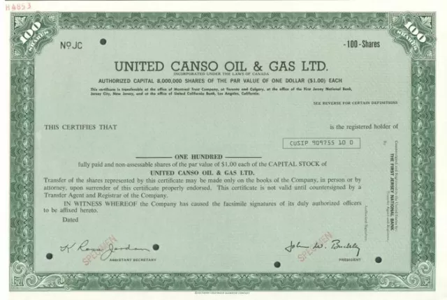 United Canso Oil and Gas Ltd. - Specimen Stock Certificate - Specimen Stocks & B