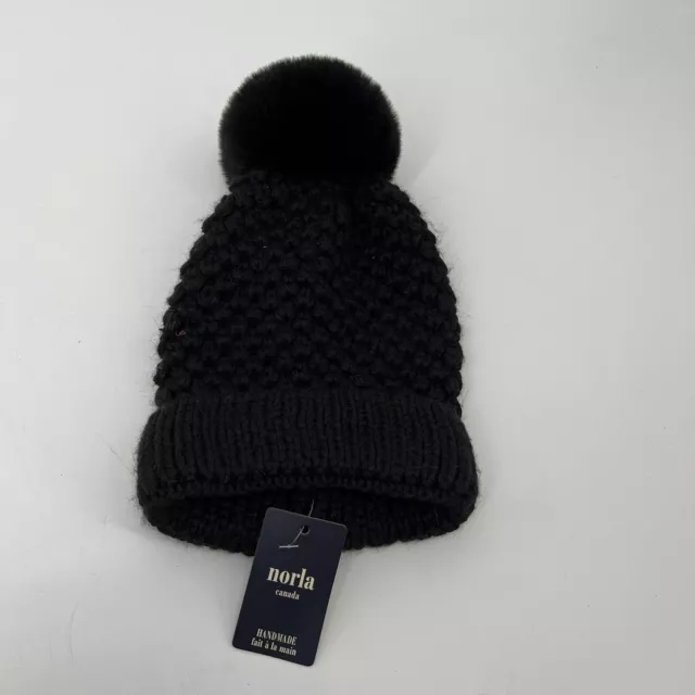 NWT NORLA Canada Handmade Cotton Wool Alpaca Knit Black Pom Pom Beanie