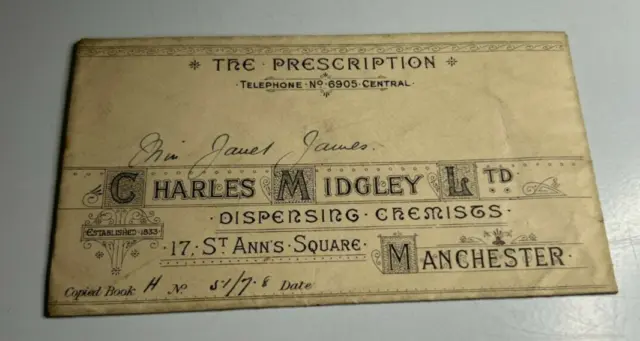 Antique Prescription Envelope Charles Midgley Chemists St Anns sq Manchester