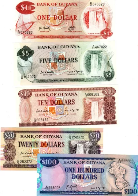 Lot Set Serie 5 Billets Guyane Guyana 1 5 10 20 100 Dollars 1989 Neuf Unc