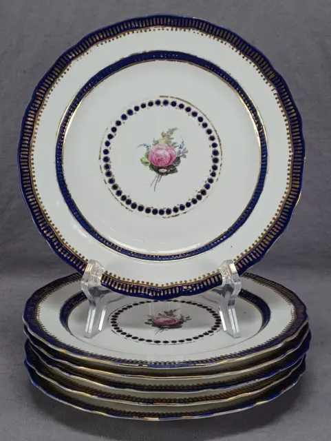 Set of 6 Derby Hand Painted Pink Rose Cobalt & Gold 8 1/2 Inch Plates C1784-1806