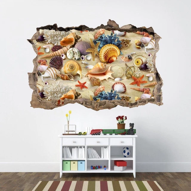 Seashells On The Beach 3D Smashed Wall Sticker Decal Decor Art Mural Nature J878