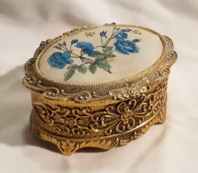 Vintage Music Box "Feelings" Trinket/ Ring Box Gold Tone Metal Fabric Top Floral