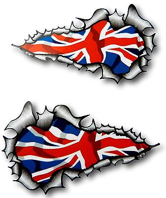 LONG Handed Pair Ripped Open Torn Metal British Union Jack Flag car sticker