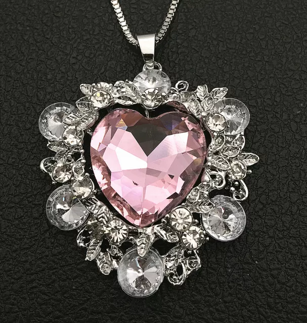 Betsey Johnson Pink Crystal Rhinestone Leaf Heart Pendant Sweater Necklace