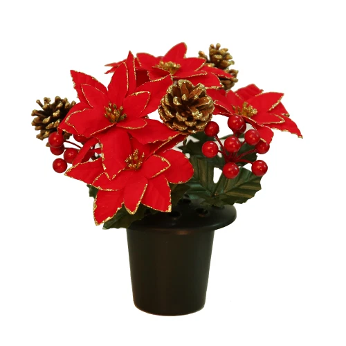 Glitter Red Poinsettia Flower With Cones and Pot Cemetery Grave Christmas