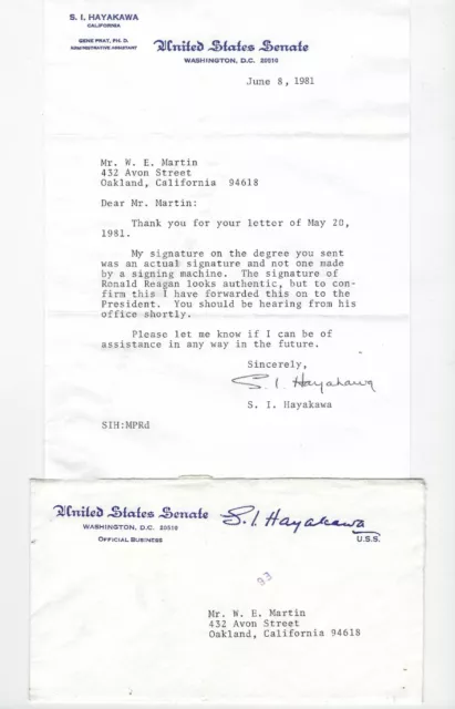 Senator S. I. HAYAKAWA Signed Letter with Envelope - 1981