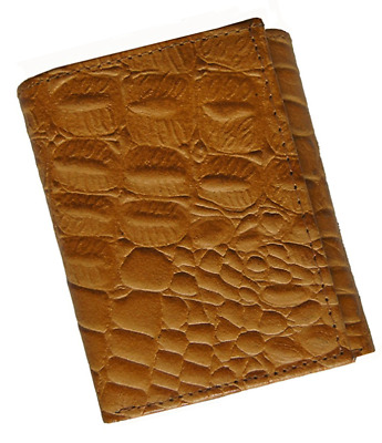 Brown Mens Genuine Leather Croc Print Trifold Wallet Center Flap Cowboy