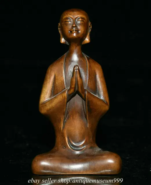 4.2" Old Chinese Boxwood Handwork Feng Shui Buddhist Monk a zen master Statue