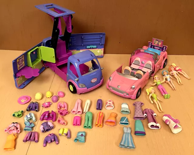 2002 Polly Pocket Lot Pink Stretch Limo Pool Car & Club Car Dolls Cloths