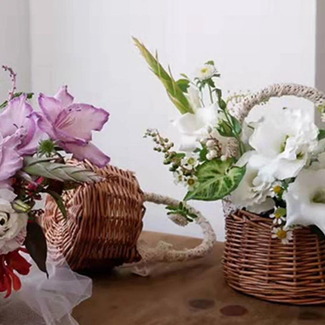 Rattan Flower Pots Portable Flower Basket Wicker Storage Basket Lid Woven Basket