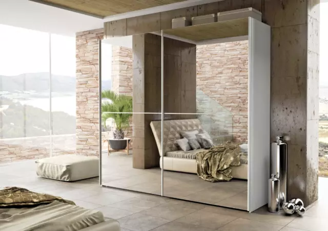 Memphis White Full Mirrored 240cm Large Sliding Door Wardrobe Bedroom Furniture