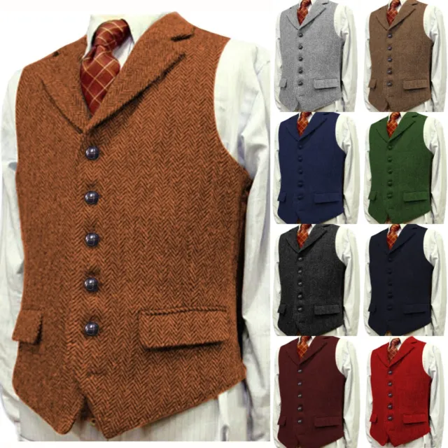 Mens Tweed Waistcoats Retro Herringbone Formal Vintage Hunting Vest 44 46 48 50
