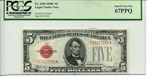 FR 1528 1928C $5 Legal Tender Note 67 PPQ SUPER GEM NEW