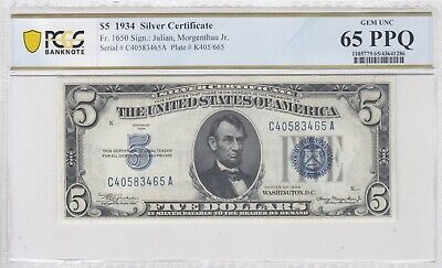 1934 $5 Silver Certificate Fr. 1650 PCGS Banknote Gem Unc 65 PPQ