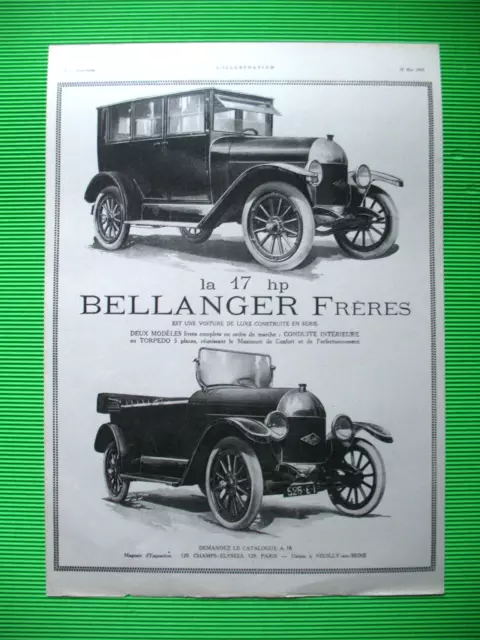Publicite De Presse Bellanger Freres 17 Hp Automobile De Luxe Torpedo Ad 1920