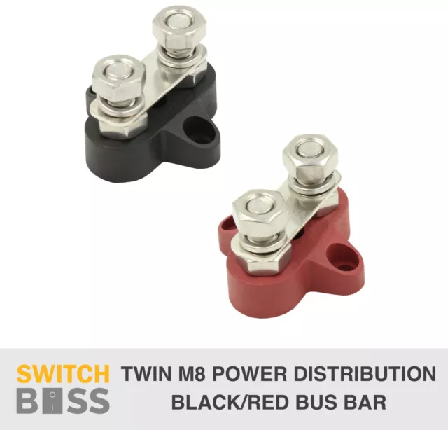 TWIN M8 Terminal Post Power Distribution Block Bus Bar - Side Mount Black Red