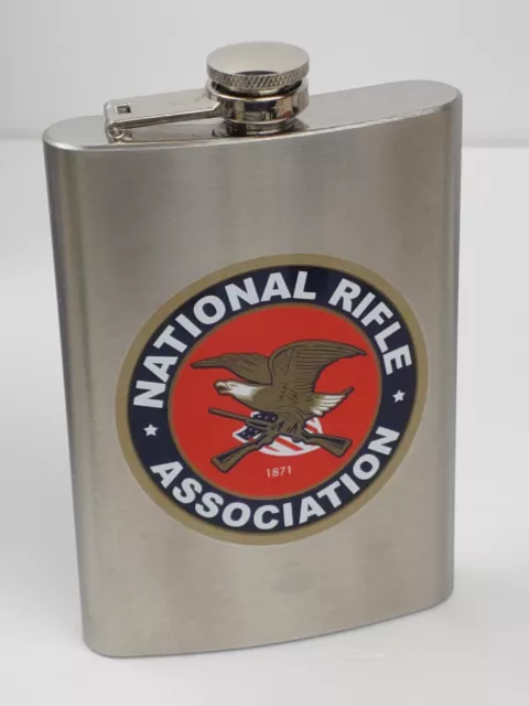8oz Brushed STAINLESS STEEL FLASK w/ NATIONAL RIFLE ASSOC. Decal - NEW in Box!