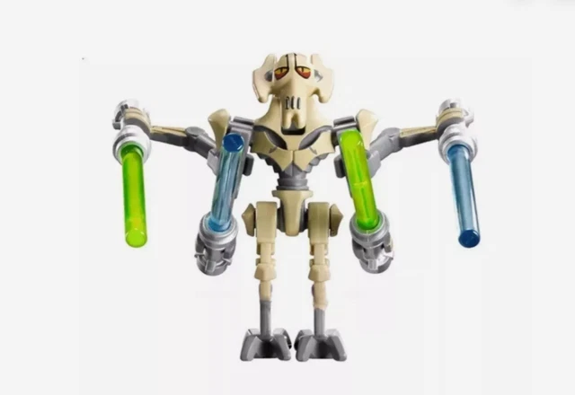 General Grievous from Star Wars holds four activated lightsabers in a