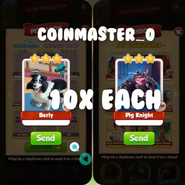 10x berly and 10x pig knight cards:-coin master cards