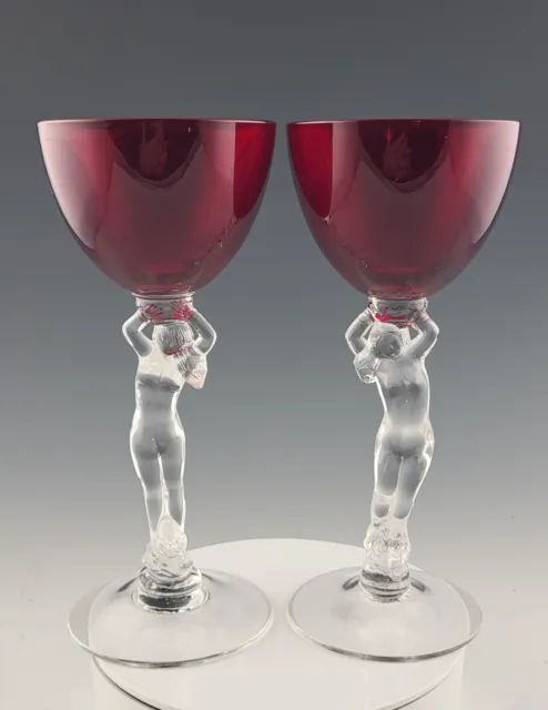 2 Elegant Deep Red Cambridge Art Deco Wine Glasses Statuesque Carmen Nude Stems