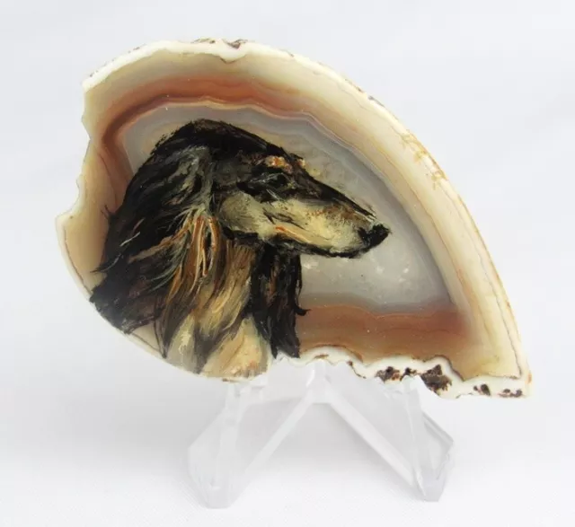 Vintage Artist Hand Painted Saluki Borzoi Dog on Agate Slice Brooch Pin - NICE!