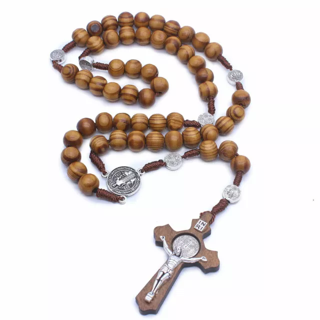 Pine Wood 14" Rosary With Handmade Cross And Saint St Benedict Connecting Beads