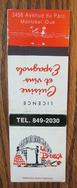 GIRLIE: LA BODEGA RESTAURANT 1970s MATCHBOOK MATCHCOVER (MONTREAL, QUEBEC) -E12