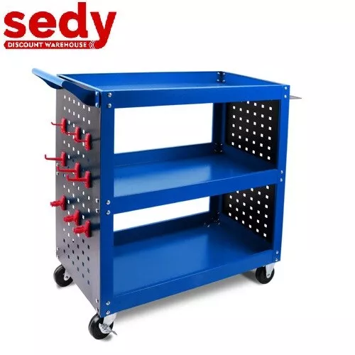 3-Tier Tool Cart Trolley Toolbox Workshop Garage Storage Pegboard Hooks Blue