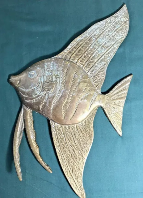 Vintage Solid Brass Tropical  Fish Wall Hanging 14" 3/4 tall X 8" 7/8 W -Patina