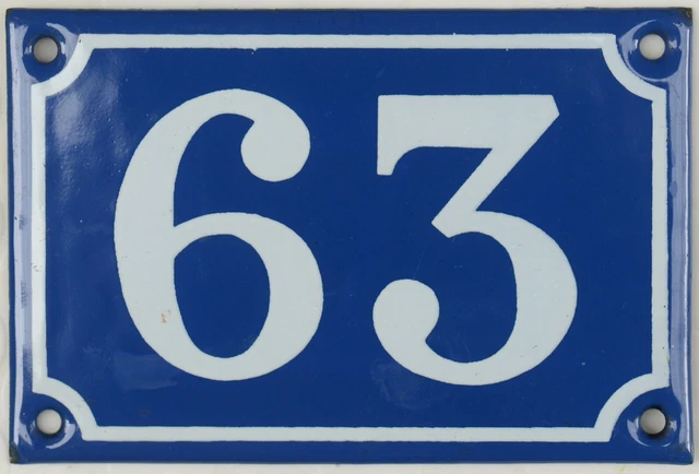 Old blue French house number 63 door gate wall fence street sign plate plaque