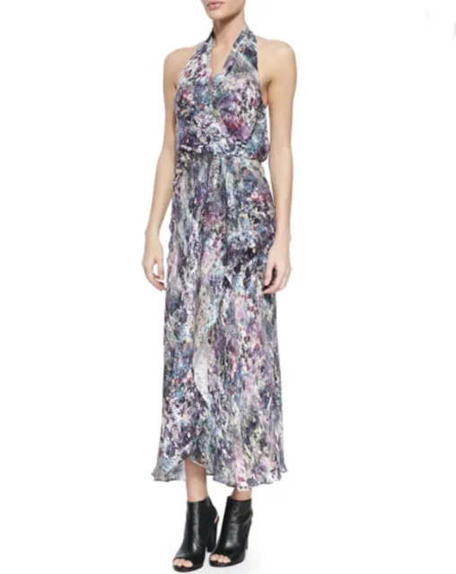 $545 Haute Hippie Abstract-Print Halter Faux Wrap Silk Dress Swan/Multi Womens S
