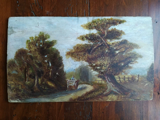 Quadro olio su tavola "Paesaggio con carretto" - Primi del Novecento