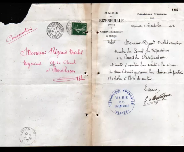 BIZENEUILLE (03) MAIRIE / Lettre voyagée en 1912