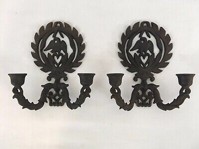 Vtg Cast Wrought Iron Set of 2 Wall Mount Eagle Dove Bird Sconce Candle Holders