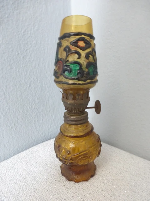 Darling Stained Glass Miniature Oil Lamp Hong Kong Amber 5.25"
