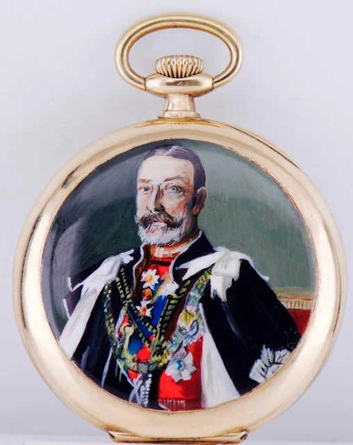 ANTIQUE AWARD OMEGA Pocket Watch 18k Gold Enamel Portrait of King