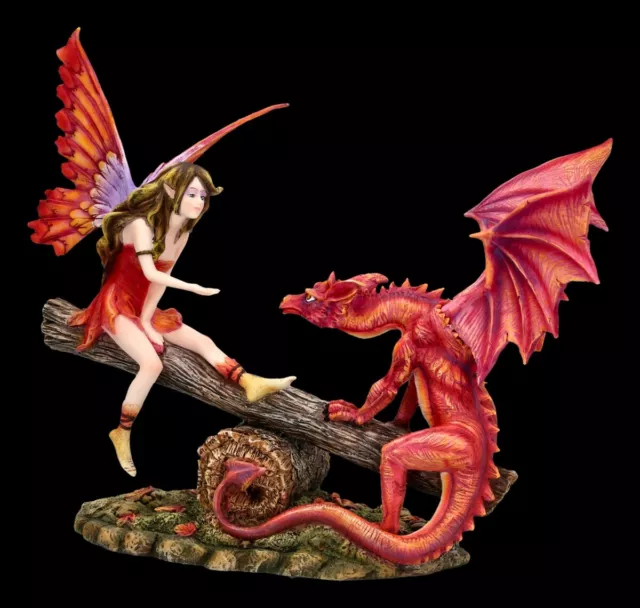 Elfes Fantasy-Figur Sur Bascule Avec Rouges Dragon Décorative Statue Sculpture