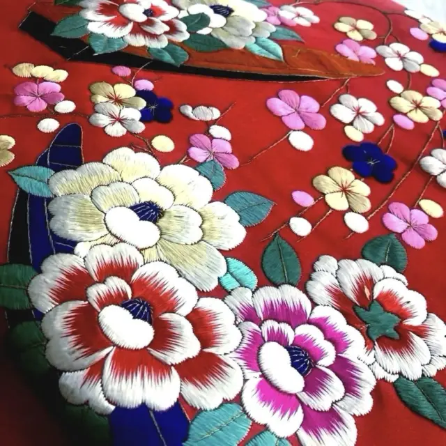 Japanese Obi Red Flower Silk Women 360cm Kimono Antique