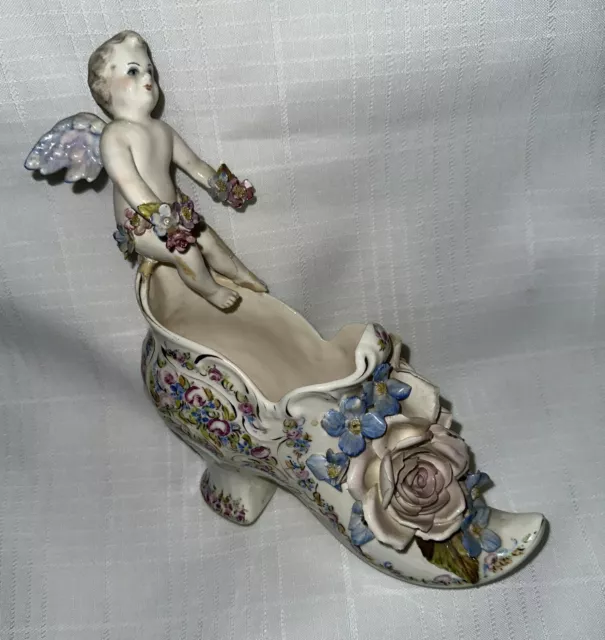 Signed Hobe’ Dresden Porcelain Ladies Shoe Ornate Detailed Angel Cherub Roses