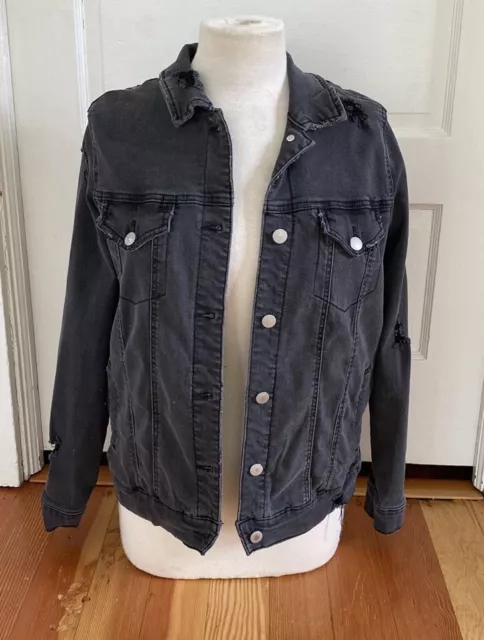 Bp Womens Black Stretch Denim Distressed Oversized Jean Jacket