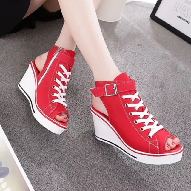 HOT Womens Wedge Heels Canvas Lace Up Platform Sneakers Sandals Open Toe Shoes 3